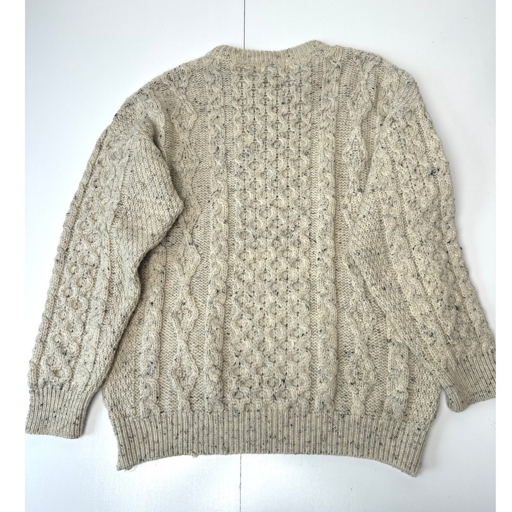 Kerry Traditions Irish Wool Sweater Large Oatmeal Aran Cable Knit Donegal Fleck - Picture 6 of 8